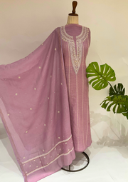 Mul Chanderi Chikankari unstitched Suit -  Mauve