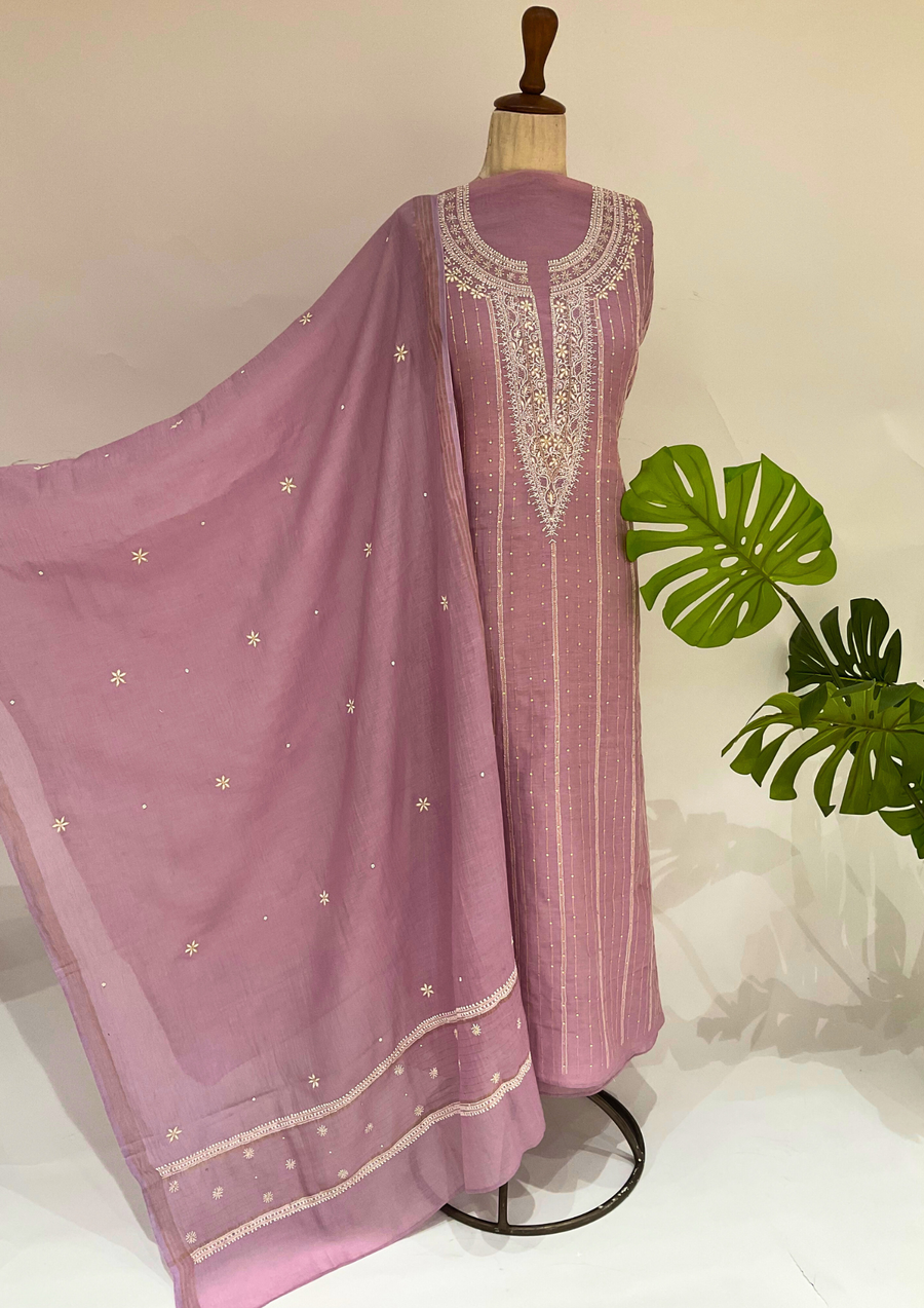 Mul Chanderi Chikankari unstitched Suit -  Mauve