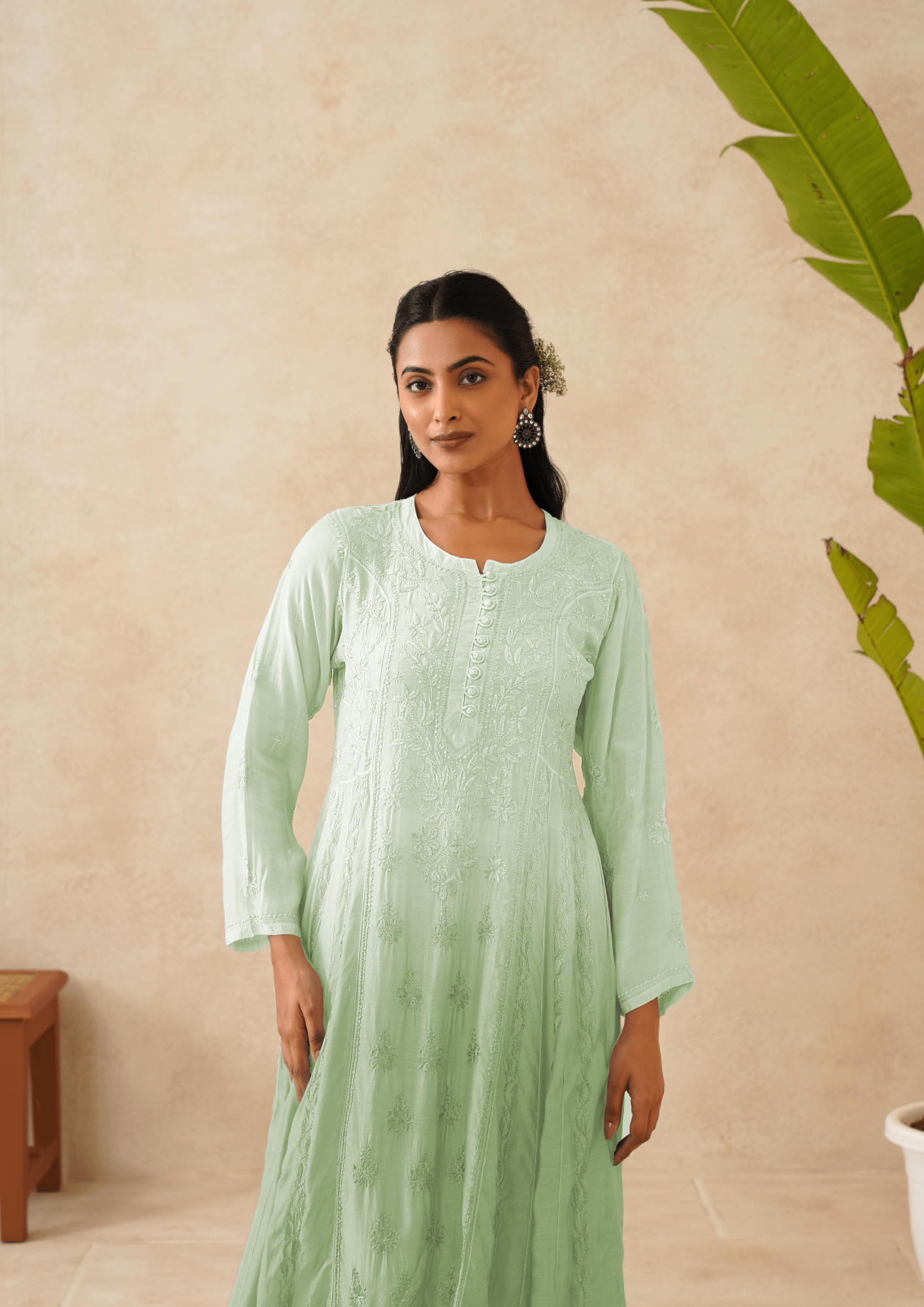 Muslin Chikankari A-line Long Kurti - Ombre Sage Green