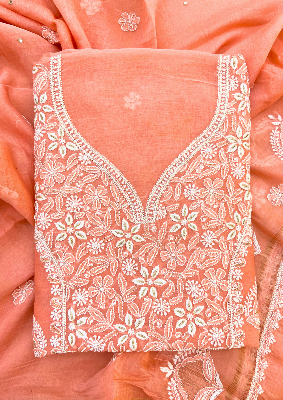 Unstitched Mul Chanderi suit - Peach