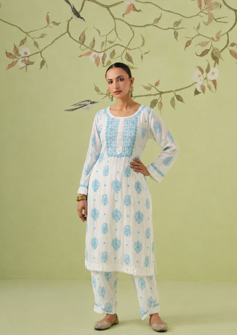 Muslin Chikankari Co-ord Set - White