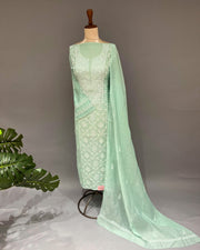 Mul Chanderi Chikankari Unstitched 2pc Suit - Sea Foam Green