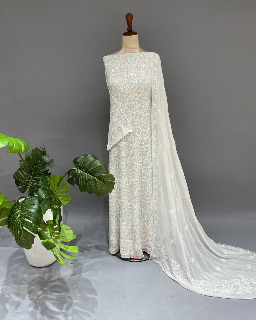 Pure Georgette Chikankari Unstitched Anarkali - Multicolour