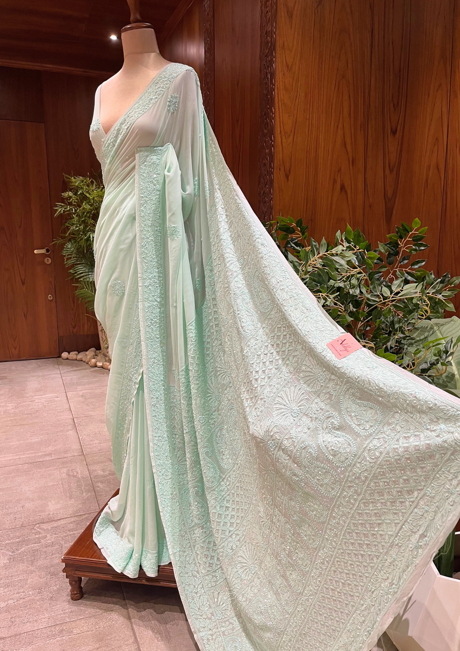 Chikankari Viscose Saree - Mint Green