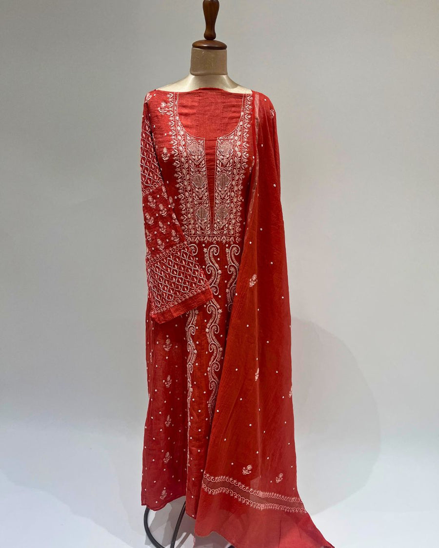 Tissue Chikankari Unstitched Anarkali  - Red Gold