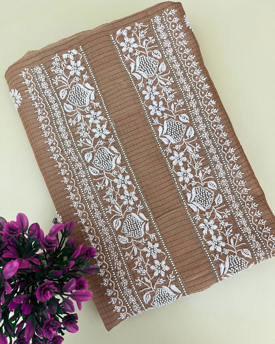 Mul Chanderi Chikankari Unstitched Mens Kurta - Coffee Latte