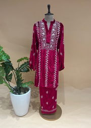 Velvet Chikankari Semistitched Co-ord Set - Magenta