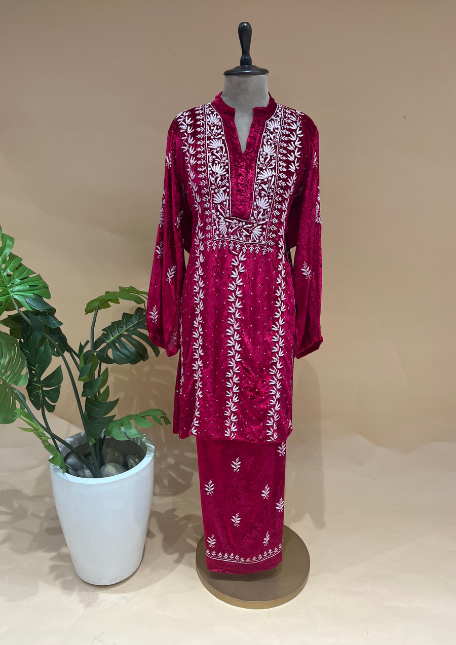 Velvet Chikankari Semistitched Co-ord Set - Magenta