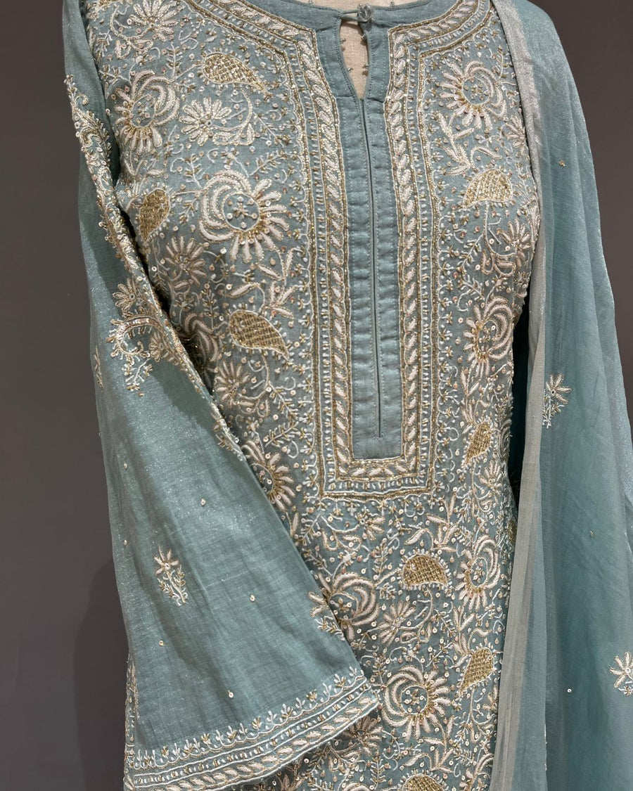 Tissue Chikankari 3pc Stitched Suit - Bermuda Blue