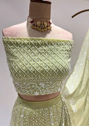 Pure Georgette Chikankari Unstitched Lehenga - Sage Green