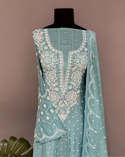 Mul Chanderi Chikankari Suit Set - Cyan Blue