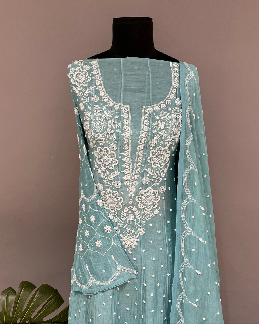 Mul Chanderi Chikankari Suit Set - Cyan Blue