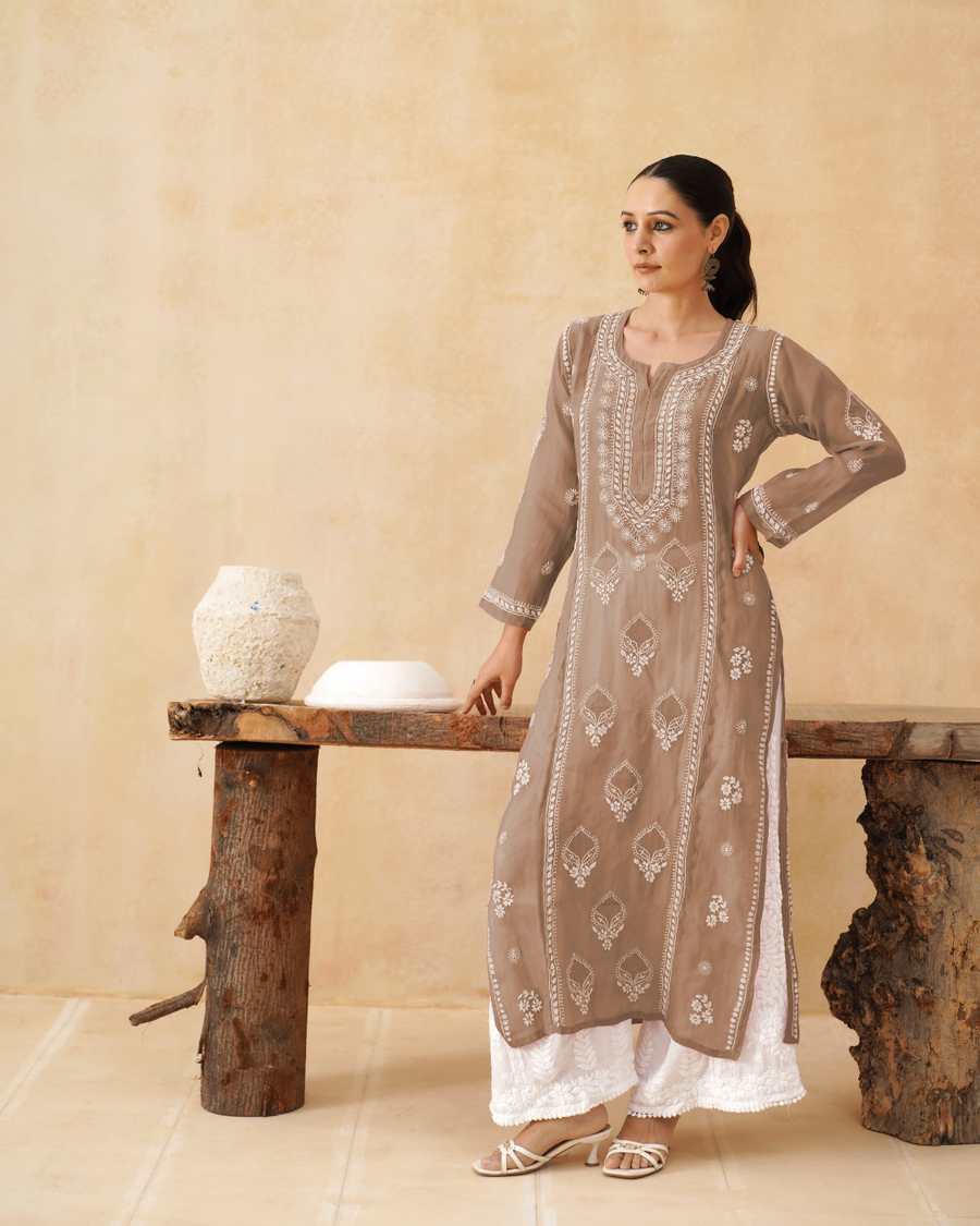Mul Chikankari Kurta - Latte Brown