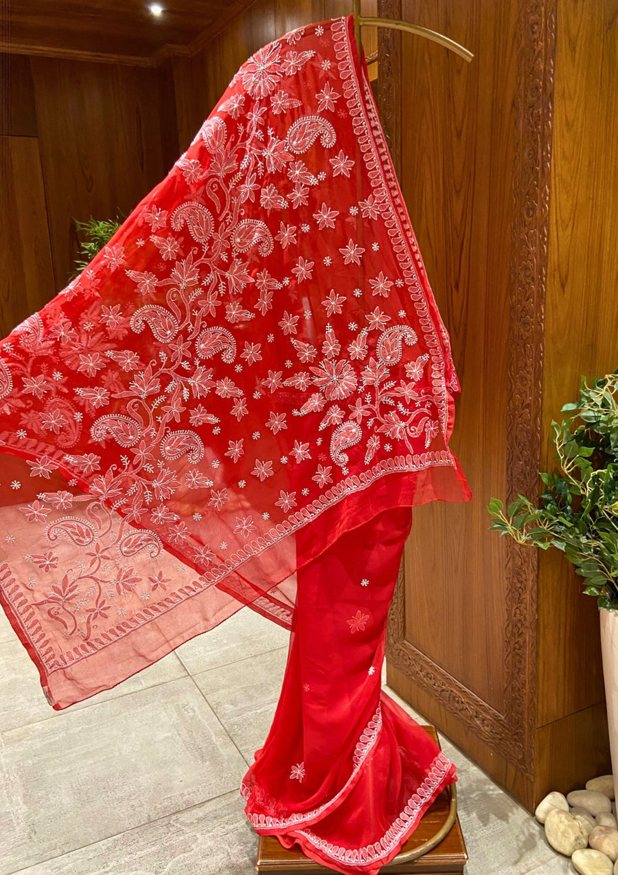 Chikan Saree Georgette - Red