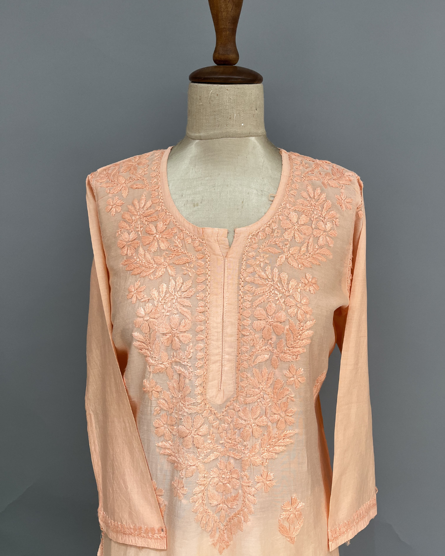 Chanderi Chikankari Kurti - Peaches Pink