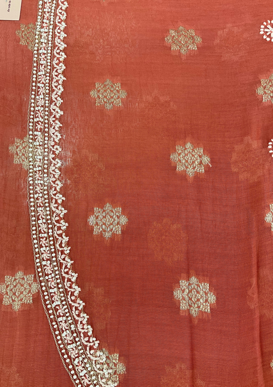 Mul Chanderi Chikankari Unstitched Mens Kurta - Brick