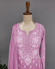 Mul Chander Chikankari 3 pc Suit - Mulberry Pink