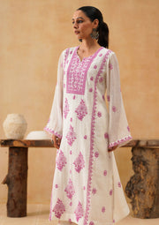 Mul Chikankari Suit Set - White and Pink