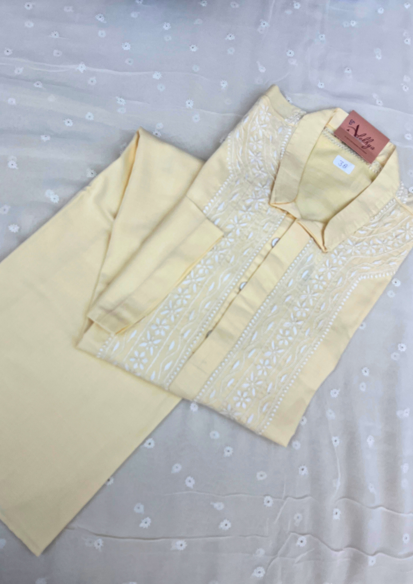 Cotton Chikankari Stitched Mens Kurta- Yellow