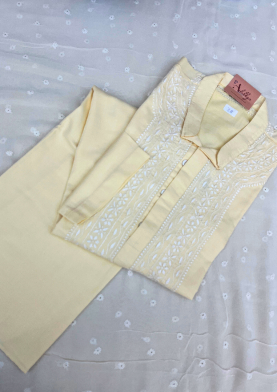 Cotton Chikankari Stitched Mens Kurta- Yellow