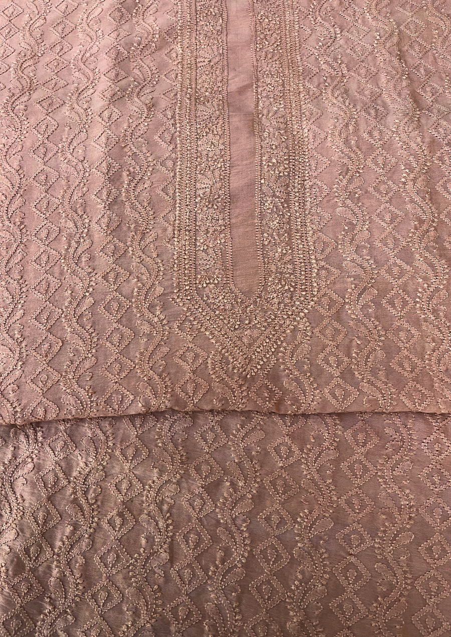 Chanderi Chikankari Unstitch Mens Kurta - Dusty Rose
