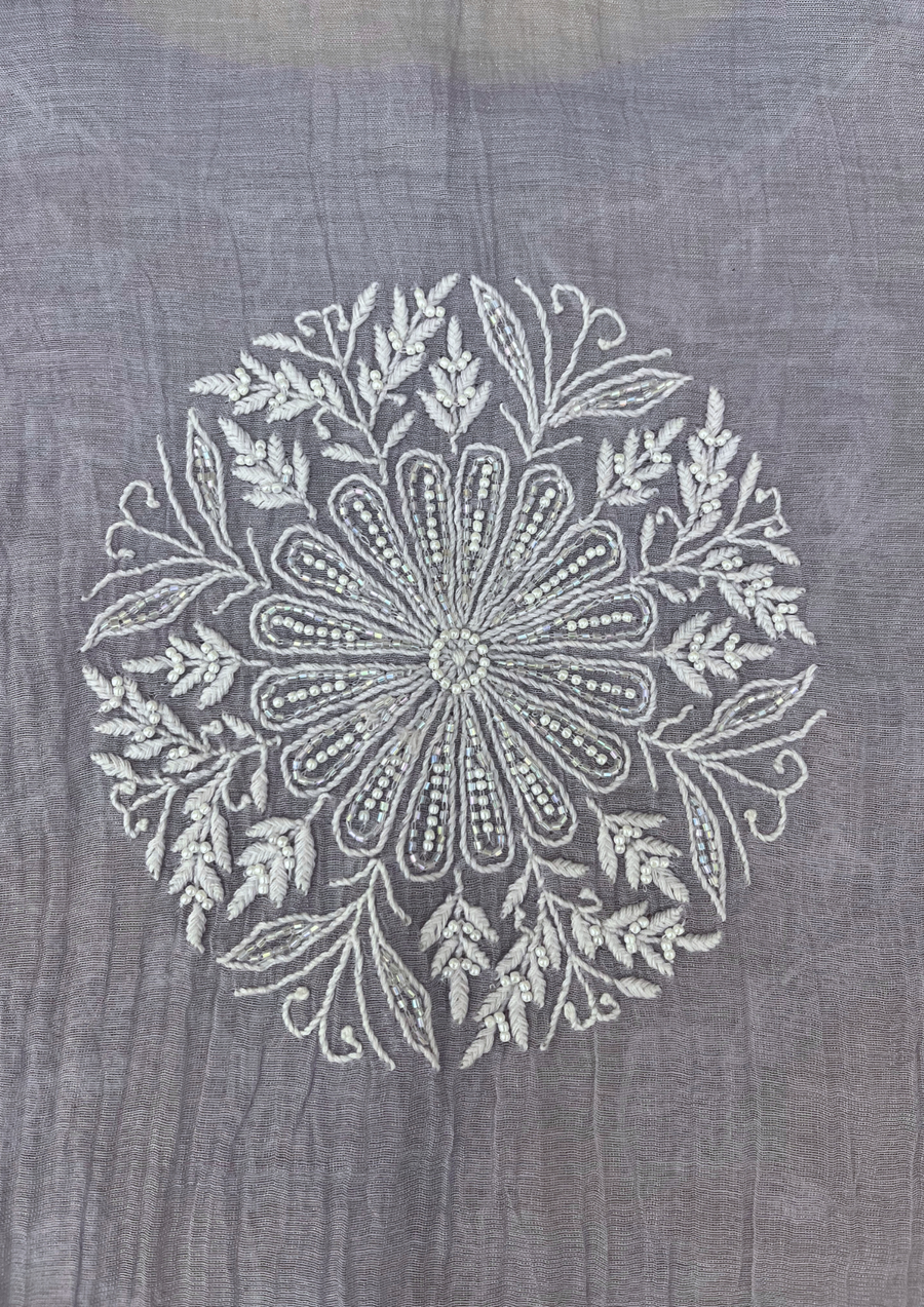 Chikankari Semistitched Tissue Co-ord Set - Silver Grey