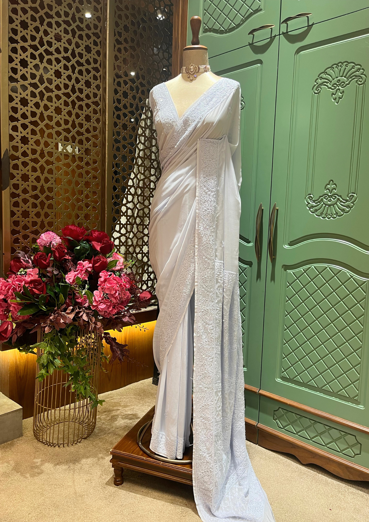 Chikankari Vescose Saree - Ice Blue