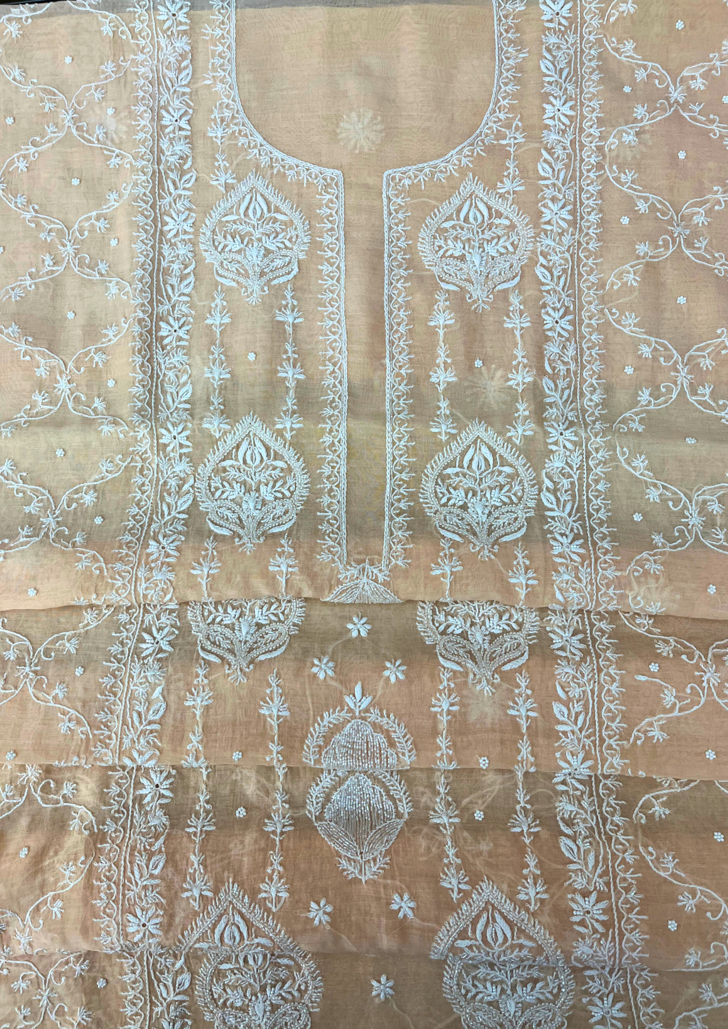 Chikankari Mul Chanderi Unstitched 2Pc Suit - Peach