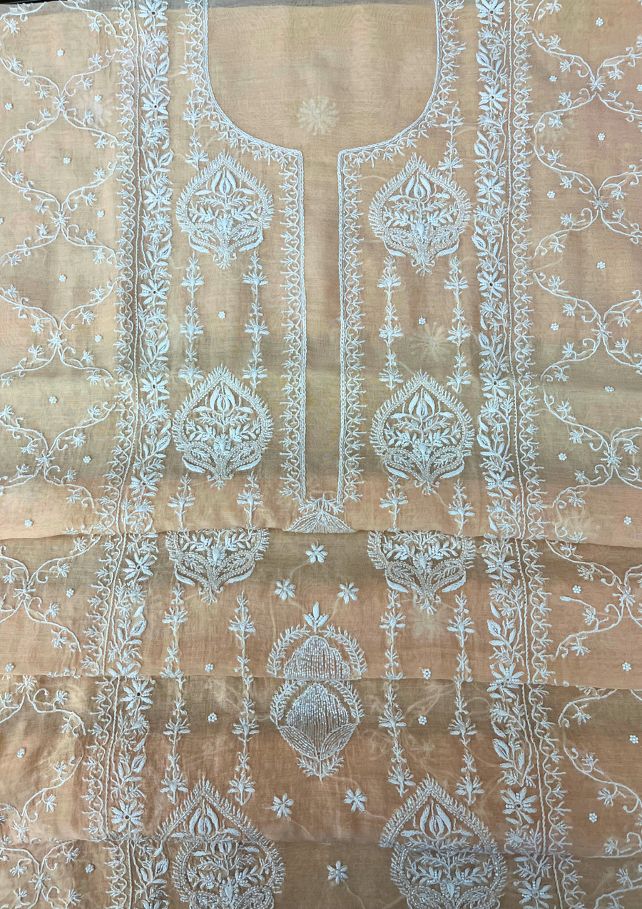 Chikankari Mul Chanderi Unstitched 2Pc Suit - Peach