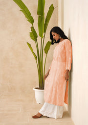 Muslin Chikankari Long Kurti - Peach