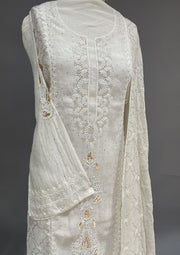 Mul Chanderi Muqaish Chikankari Unstitch 2pc Suit - White