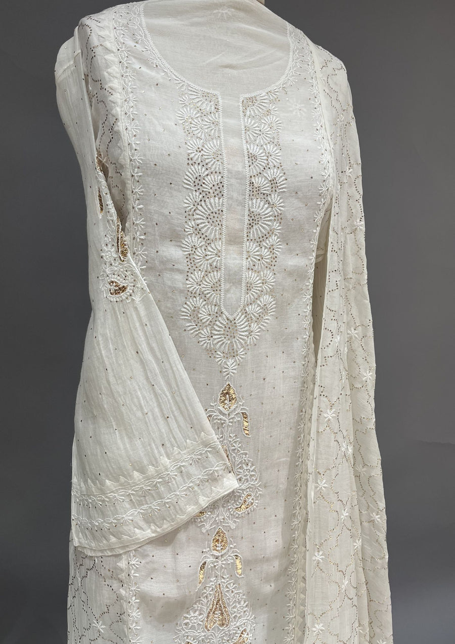 Mul Chanderi Muqaish Chikankari Unstitch 2pc Suit - White