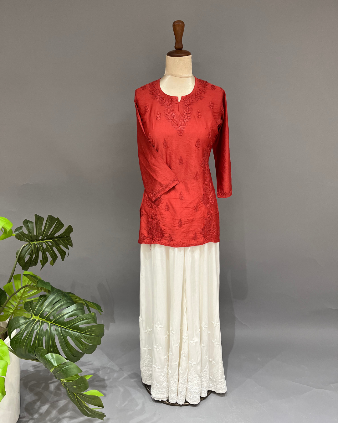 Chanderi Chikankari Short Kurti - Rustic Red