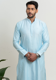 Chanderi Chikankari Men's Kurta - Serene Blue