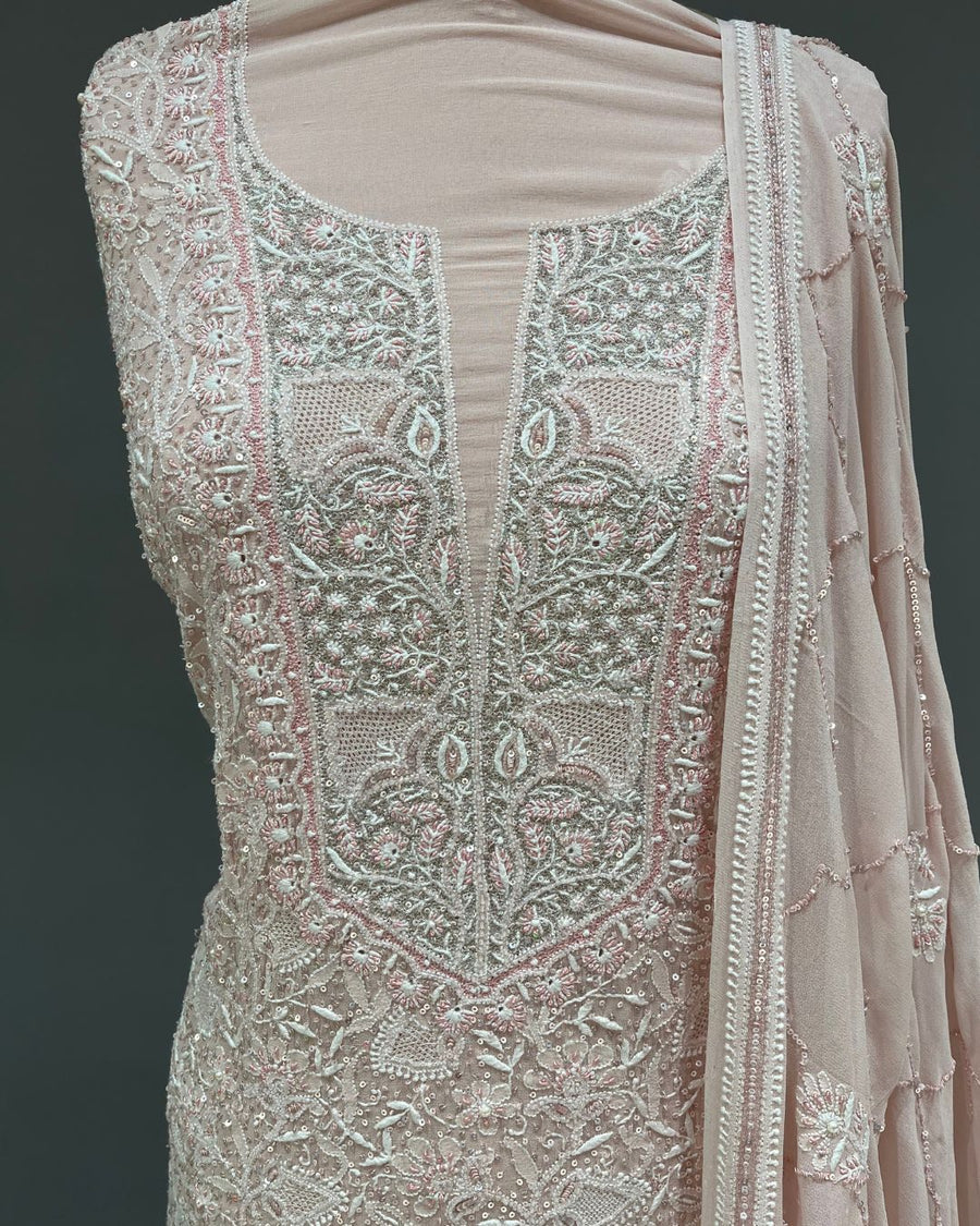 Pure Georgette Chikankari Unstitched 2pc Suit - Nude Pink