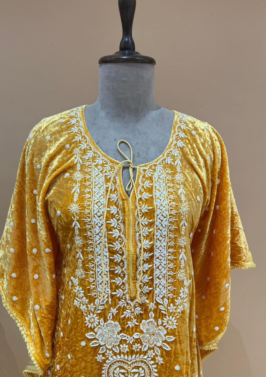 Velvet Chikankari Unstitched Kaftan - Sunshine Yellow