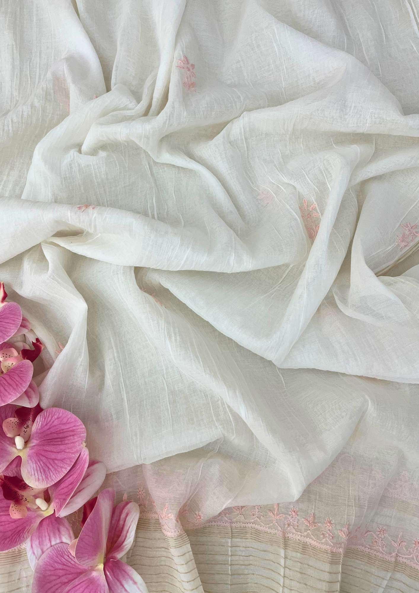 Chikankari Mul Chanderi Unstitched 2Pc Suit - White and Peach
