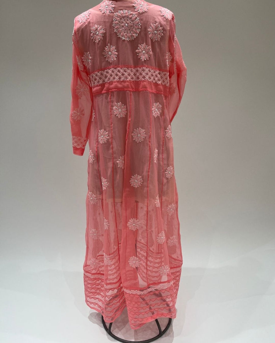 Georgette Anarkali Chikankari Kurta- Coral Pink