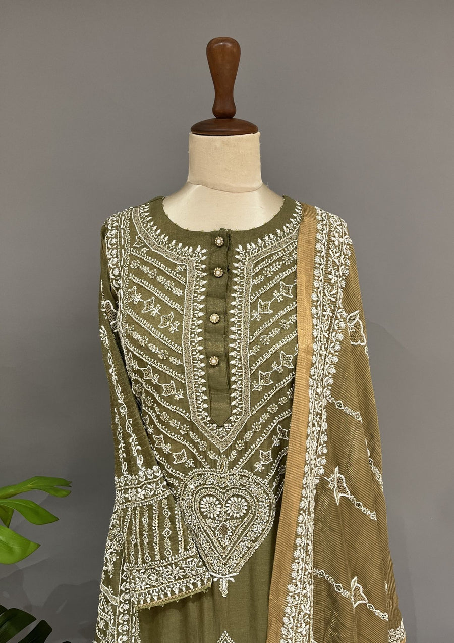 Tissue Chikankari Stitch A-Line Suit Set - Army Green