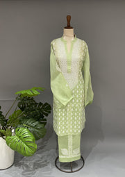 Organza Chikankari Semi Stitch Co-ord Set - Mint Green
