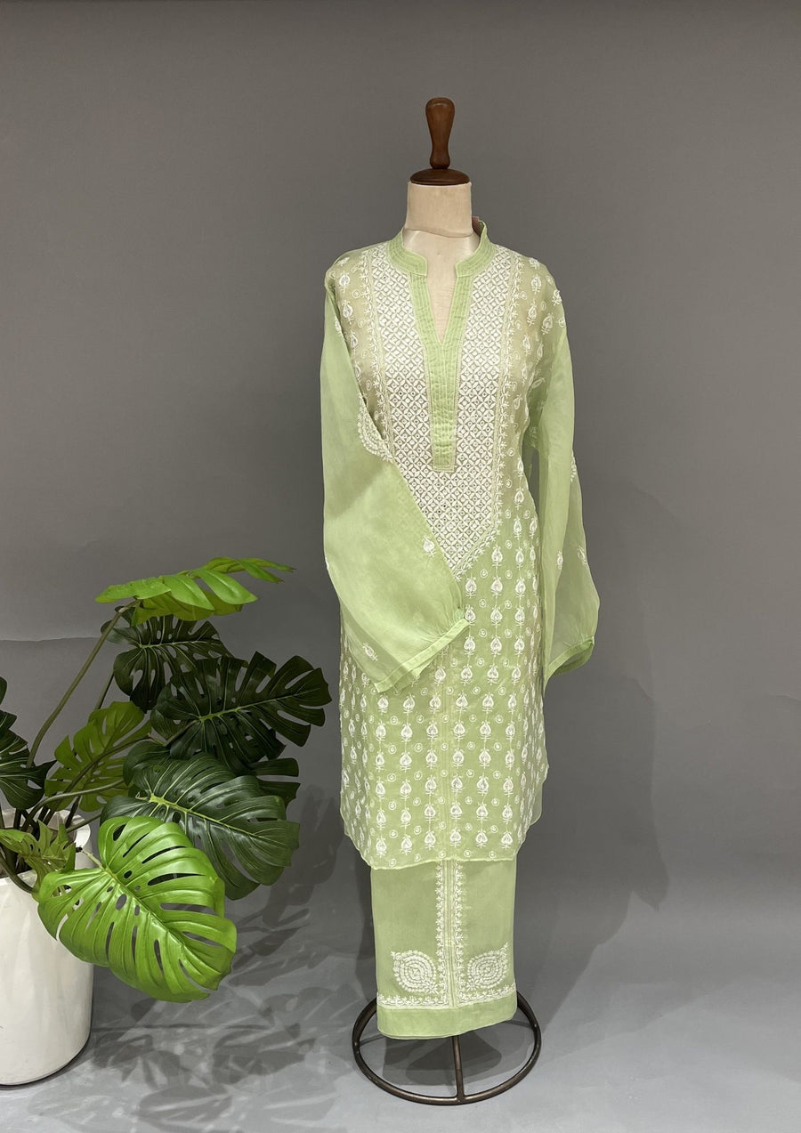 Organza Chikankari Semi Stitch Co-ord Set - Mint Green