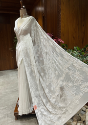 viscose Chikankari Saree - White