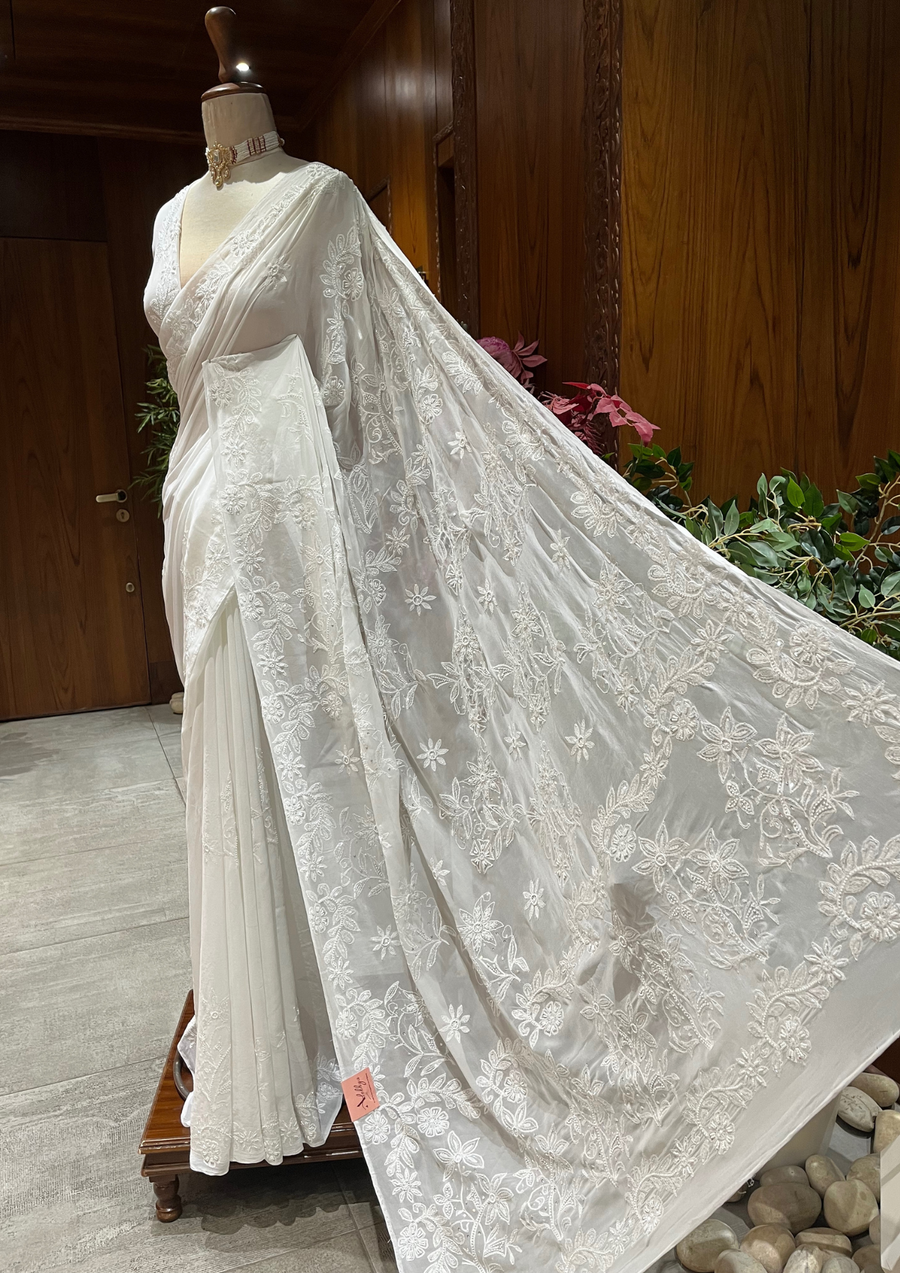 viscose Chikankari Saree - White