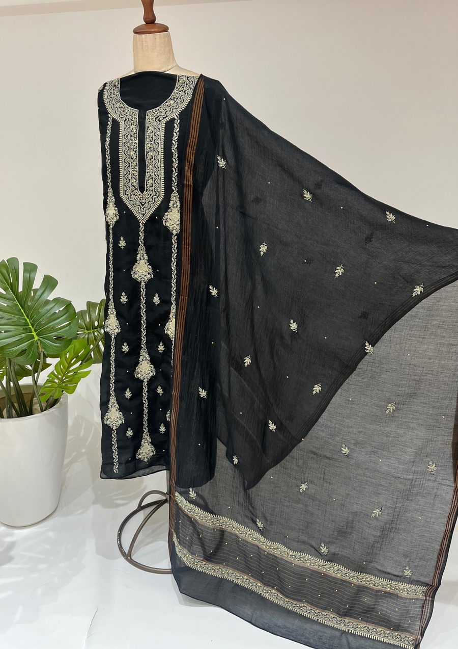 Mul Chanderi Chikankari Unstitched Suit - Black