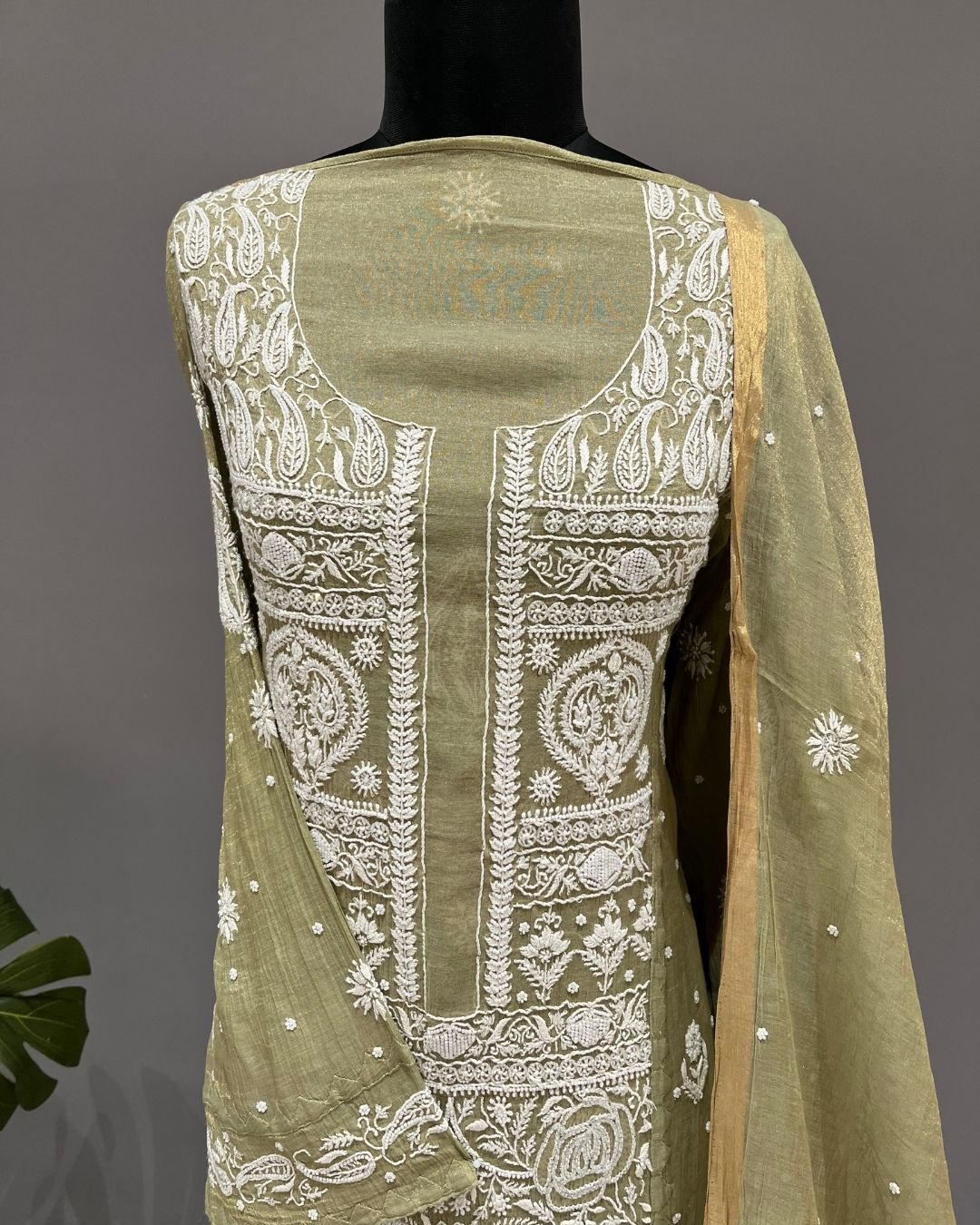 Tissue Chikankari Unstitched 2pc Suit - Olive Green