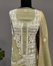 Tissue Chikankari Unstitched 2pc Suit - Olive Green