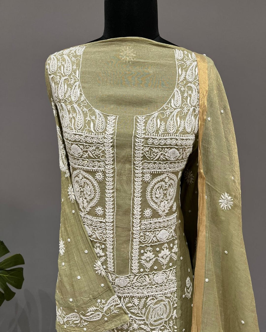 Tissue Chikankari Unstitched 2pc Suit - Olive Green
