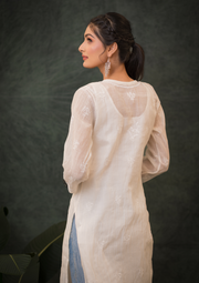 Mul Chanderi Chikankari Long Kurta - Ivory white