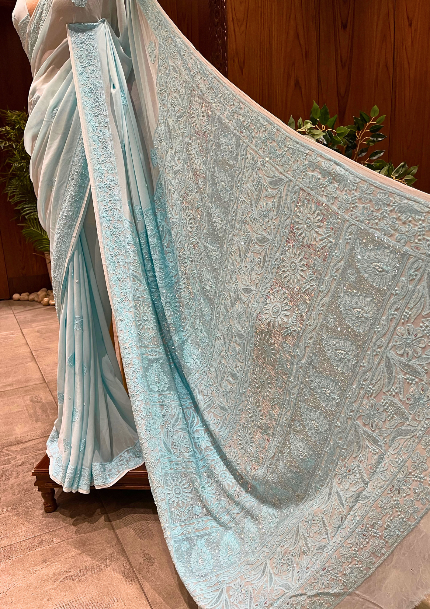 Chikankari Viscose Saree - Aqua Blue