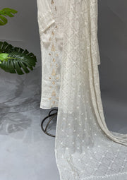 Mul Chanderi Muqaish Chikankari Unstitch 2pc Suit - White